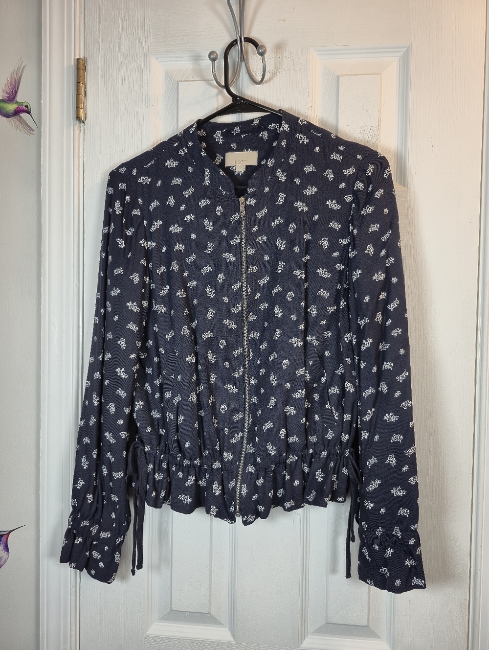 LOFT Navy Floral Bomber Jacket Lightweight Zip-Up Casual Chic Size S
